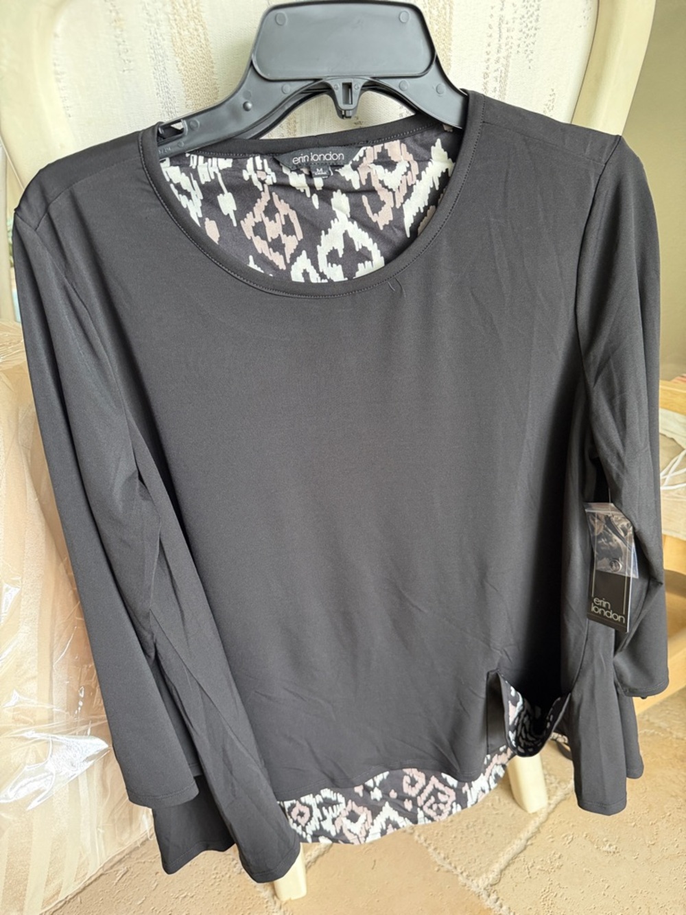 Erin London Black Long Sleeve Tee with Printed Layered Hem
